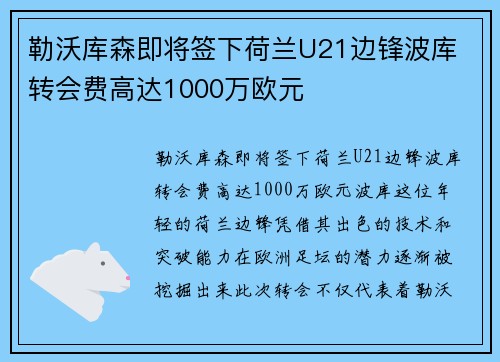 勒沃库森即将签下荷兰U21边锋波库 转会费高达1000万欧元