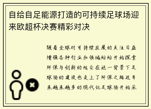 自给自足能源打造的可持续足球场迎来欧超杯决赛精彩对决