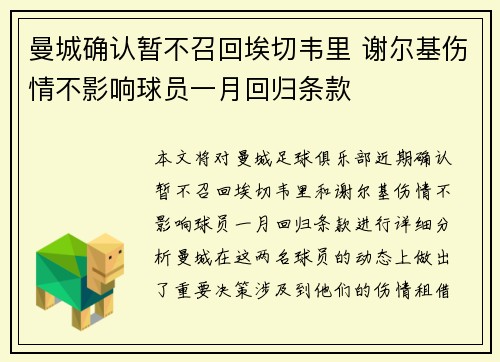 曼城确认暂不召回埃切韦里 谢尔基伤情不影响球员一月回归条款